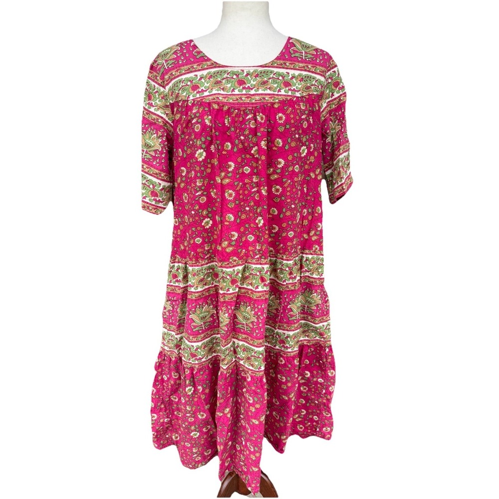 VTG Mumu House Dress Indian Cotton Patio Kaftan Floral Bright Pink‎ Indie Medium